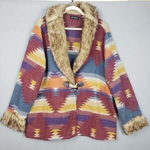 Merigold Kiss Women's 3XL Faux Fur Trim Southwestern Geometric Jacket Cozy Boho